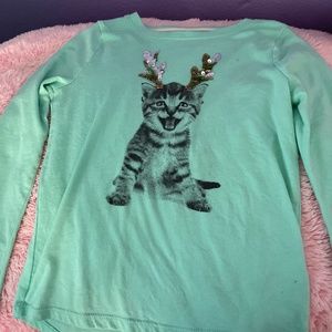 Teal kid shirt with flipping glitter and cute cat ( Christmas)